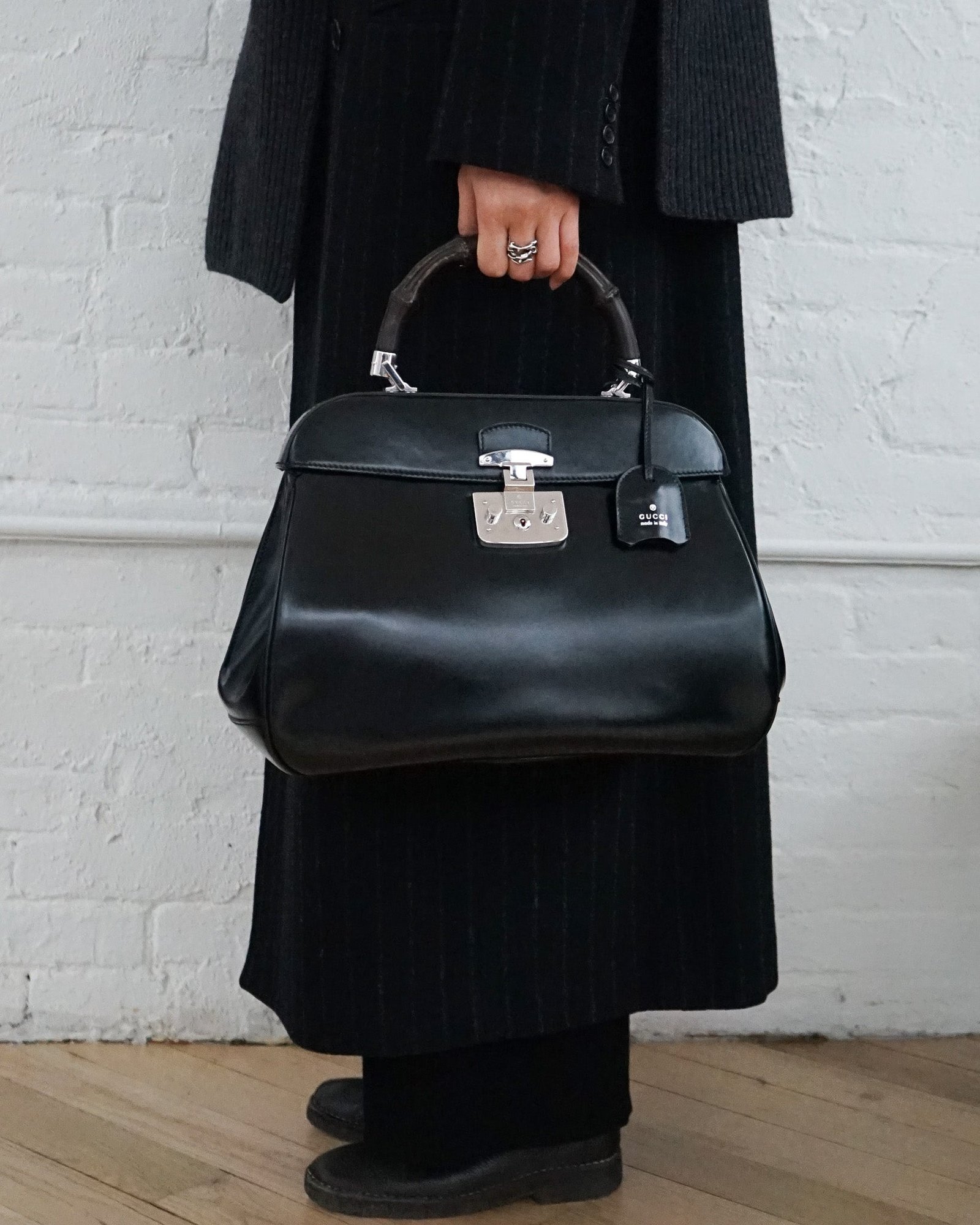 Bamboo Handle Hand Bag w/ Lock